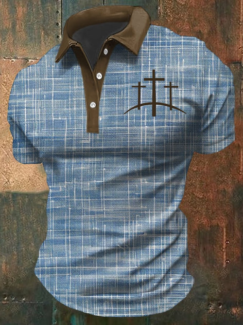 Men's Retro Faith Cross Patchwork Printed Casual POLO Shirt