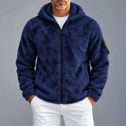 Men's Casual Solid Color Pockets Fluffy Hooded Zip-Up Jacket