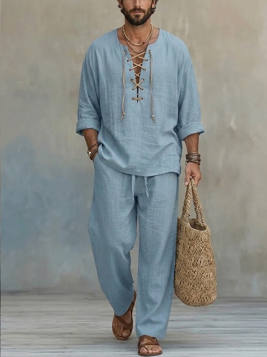 Men's Light Blue Linen Tie V-neck Casual Set