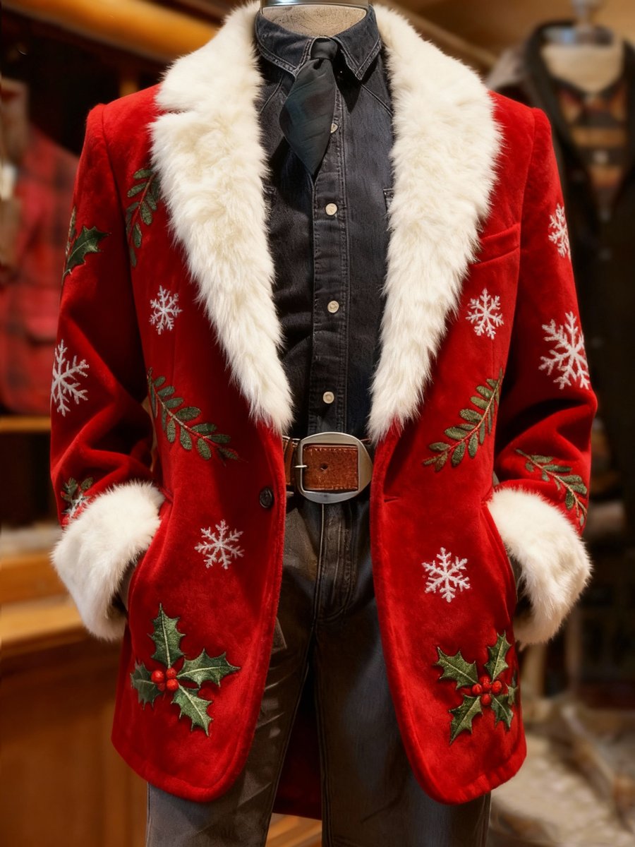 Men's Christmas Holly Snowflake Plush Lapel Suit Jacket