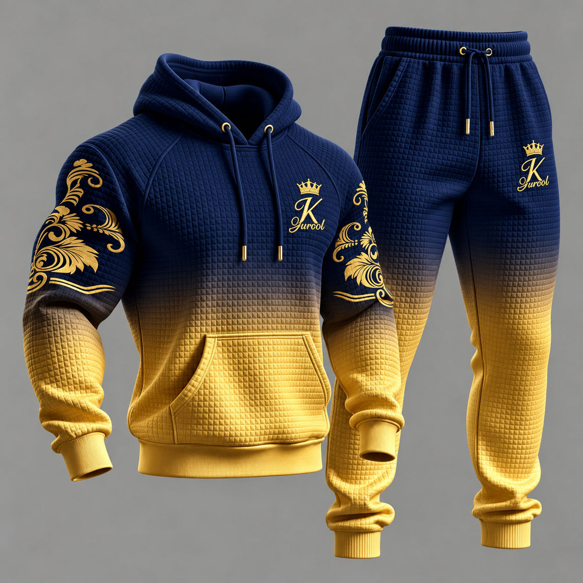 Men's Blue-and-Yellow Gradient Hooded Sweatshirt and Sweatpants Set