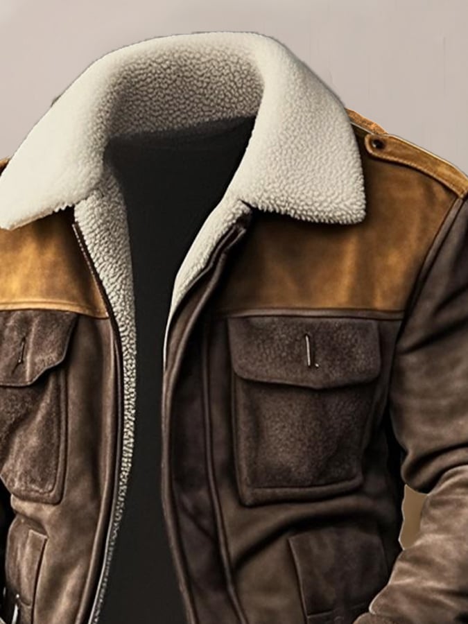Men's Retro Classic Distressed Casual Fur Collar Pocket Jacket