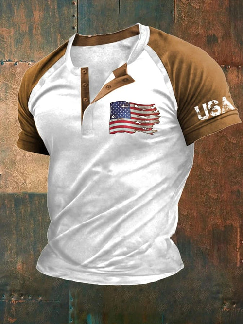 Men's Vintage Independence Day Flag Henley Neck T-Shirt