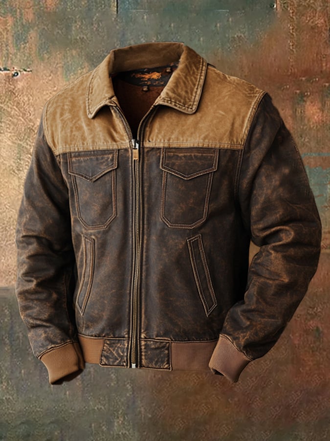 Men's Vintage Suede Patchwork Lamb Fleece Multi-Pocket Reverse Collar Outdoor Jacket Coat