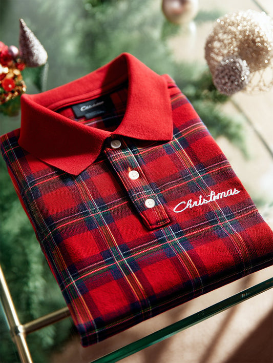 Men's Christmas Plaid Long Sleeve Polo Shirt