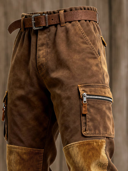 Men's Retro Stitching Functional Wear-Resistant Ripstop Zipper Pocket Work Pants