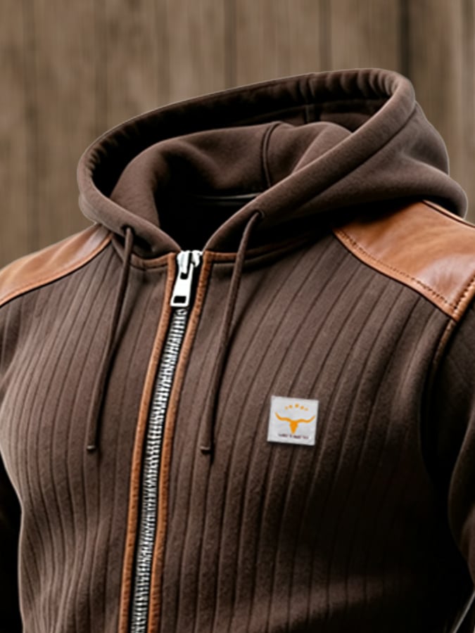 Men's Vintage Leather Patchwork Outdoor Knitted Ribbed Jacket