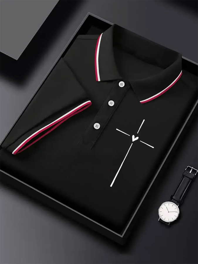 Men's Retro Faith Cross Print Polo Shirt