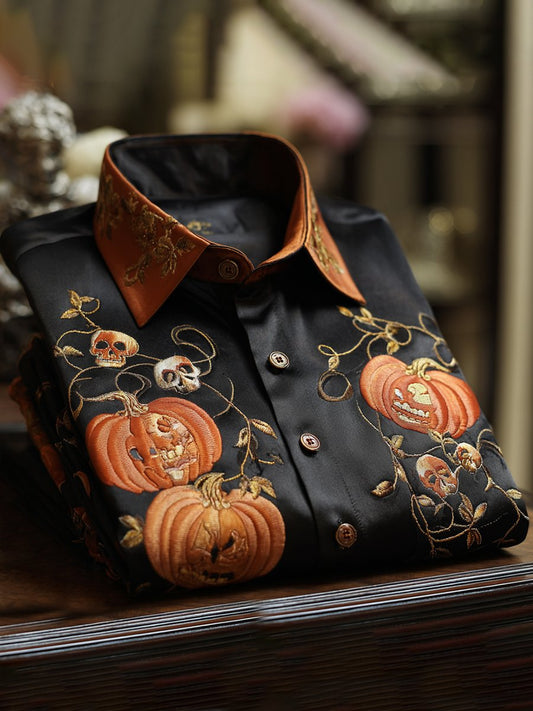 Men's Luxe Satin Halloween Pumpkin Long Sleeve Shirt