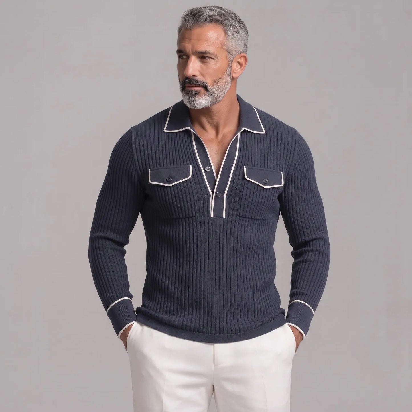 Men's Ribbed Knit Contrast Piping Chest Pockets Slim Fit Long Sleeve Polo Shirt