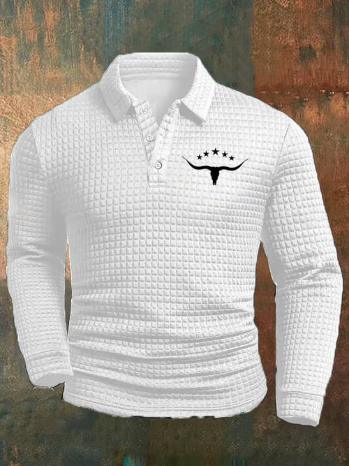 Men's Western Cow Head Design Casual Square Fabric Polo Shirt