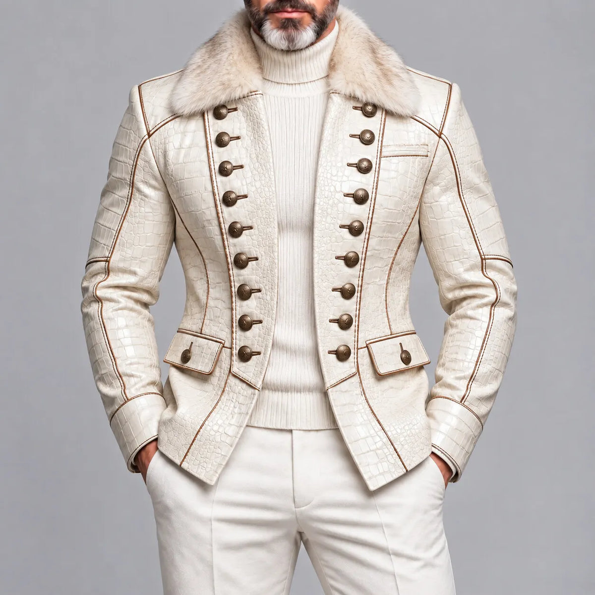 Men's Beige Crocodile Texture PU Leather Contrast Piping Fuzzy Collar Double Breasted Jacket