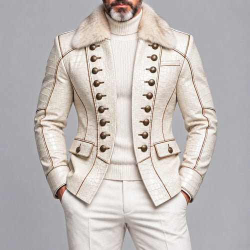 Men's Beige Crocodile Texture PU Leather Contrast Piping Fuzzy Collar Double Breasted Jacket