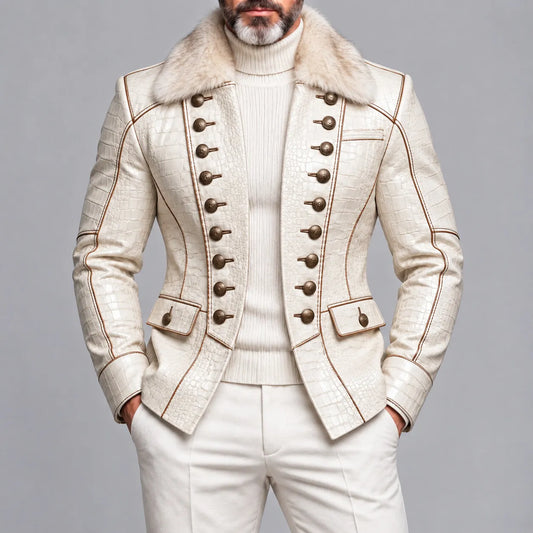 Men's Beige Crocodile Texture PU Leather Contrast Piping Fuzzy Collar Double Breasted Jacket