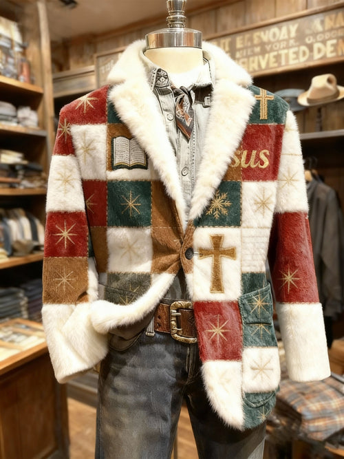 Men's Retro Christmas Faith Flannel Warm Suit Jacket