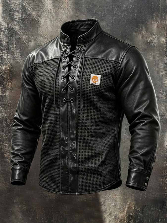 Men'S Retro Waffle-Knit And Leather Panel Stand-Collar Shirt