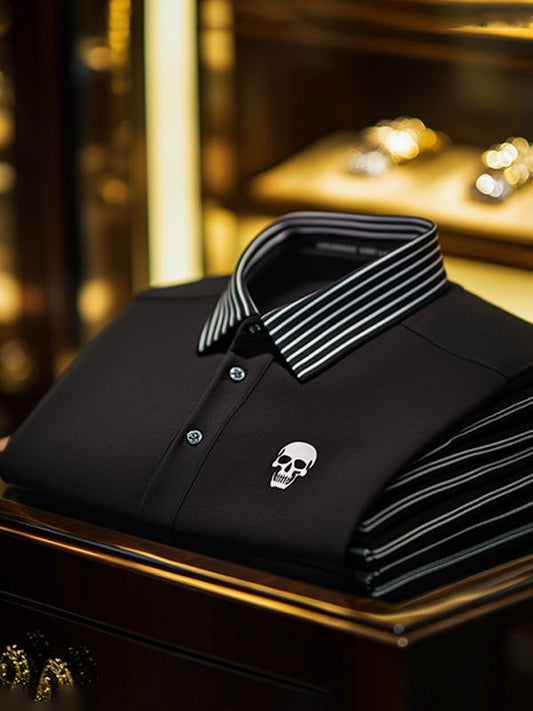 Men's Business Casual Skull Print Button-Down Polo Shirt