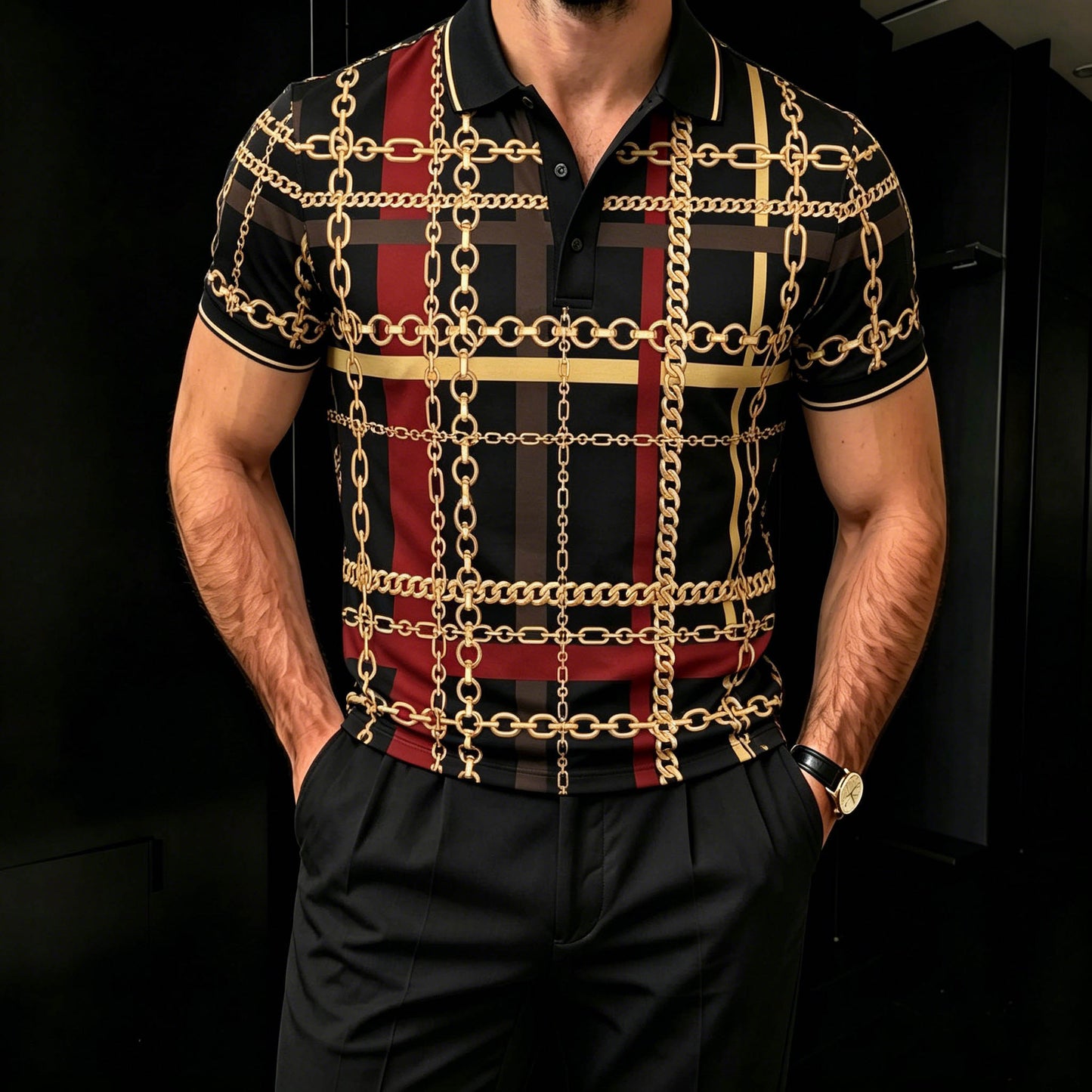 Men's Casual Geometric Splicing Of Chains Printed Short Sleeves Polo Shirt