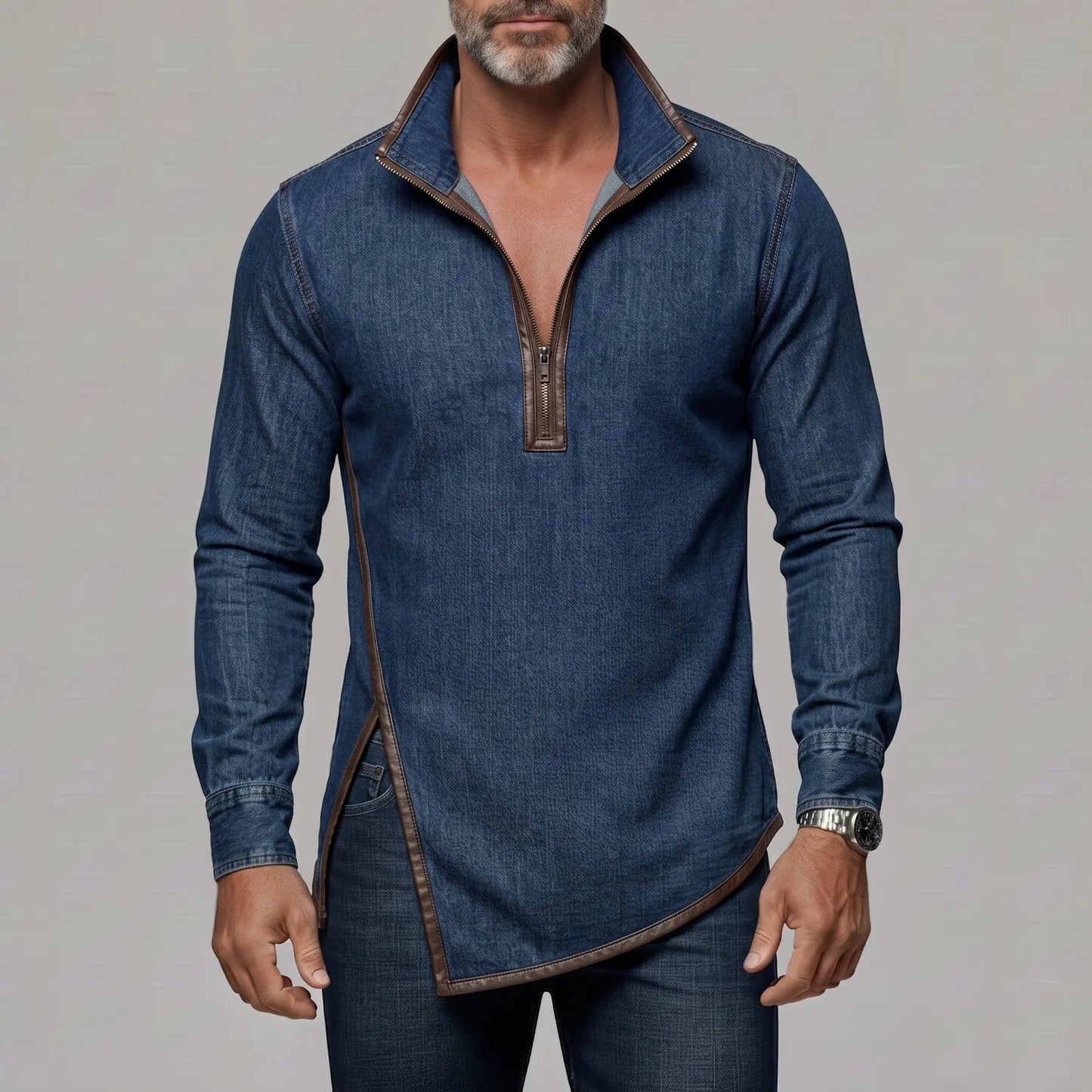 Men's Denim Stand Collar Contrast PU Leather Trim Side Slit Half Zip Slim Fit Sweatshirt