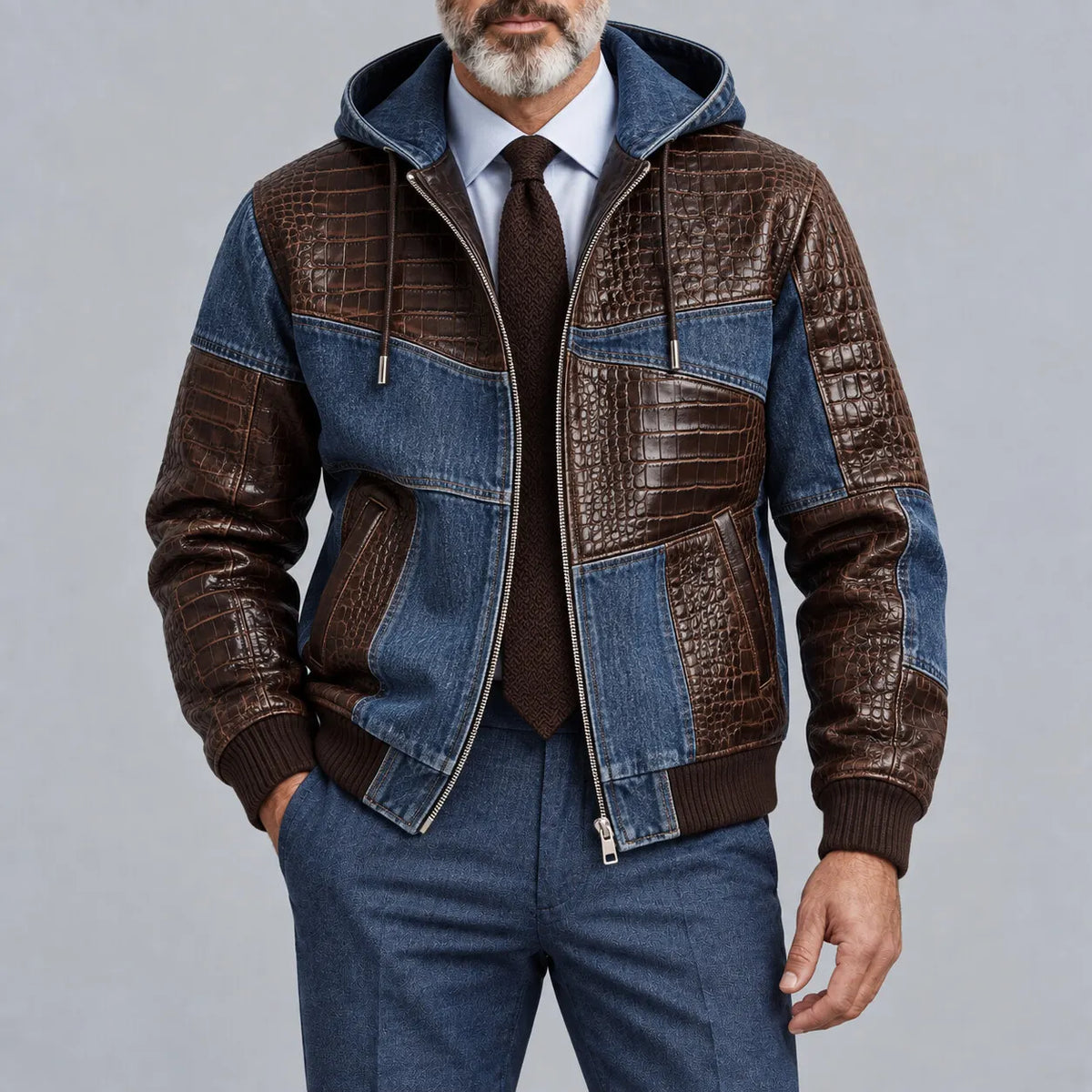Men's Vintage Denim PU Leather Patchwork Hooded Zipper Bomber Jacket