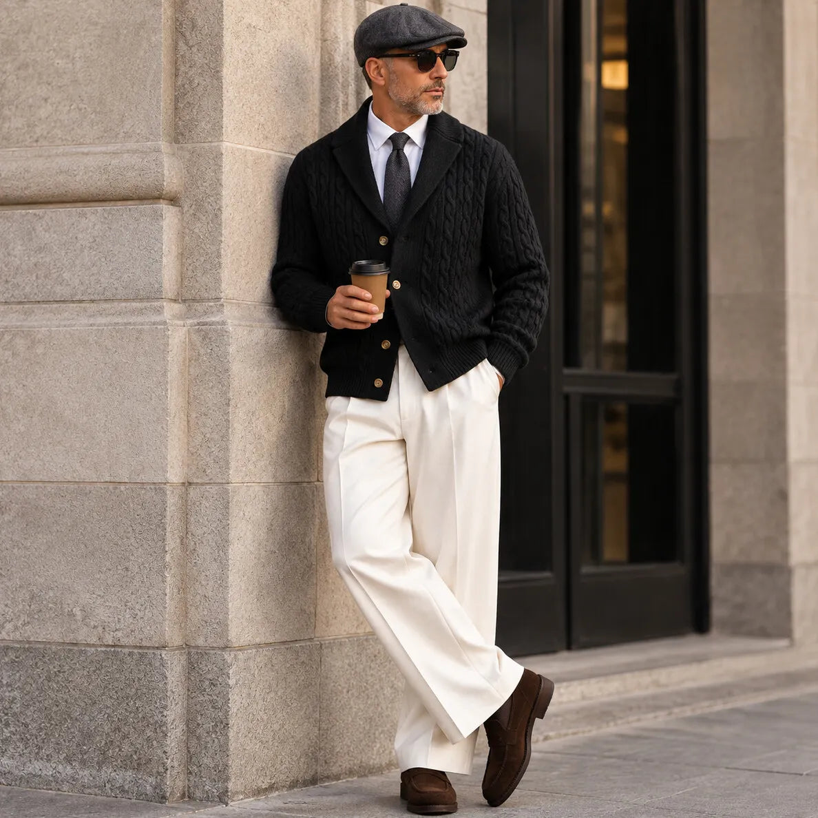 Men's Solid Color Cable Knit Shawl Lapel Single Breasted Knitted Cardigan
