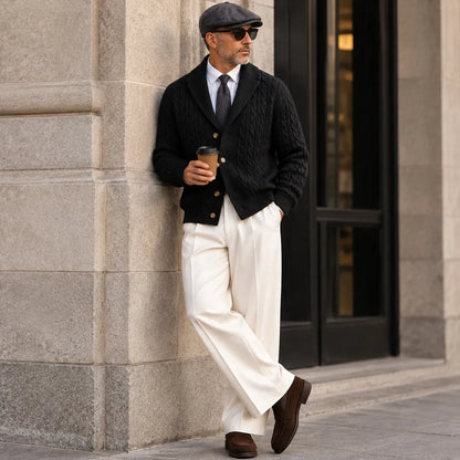 Men's Solid Color Cable Knit Shawl Lapel Single Breasted Knitted Cardigan