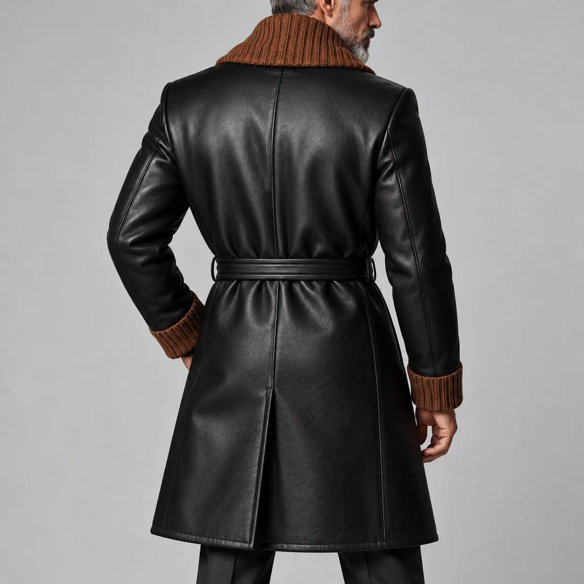 Men's Black Contrast Knit Shawl Lapel Double-Breasted Belted PU Leather Trench Coat