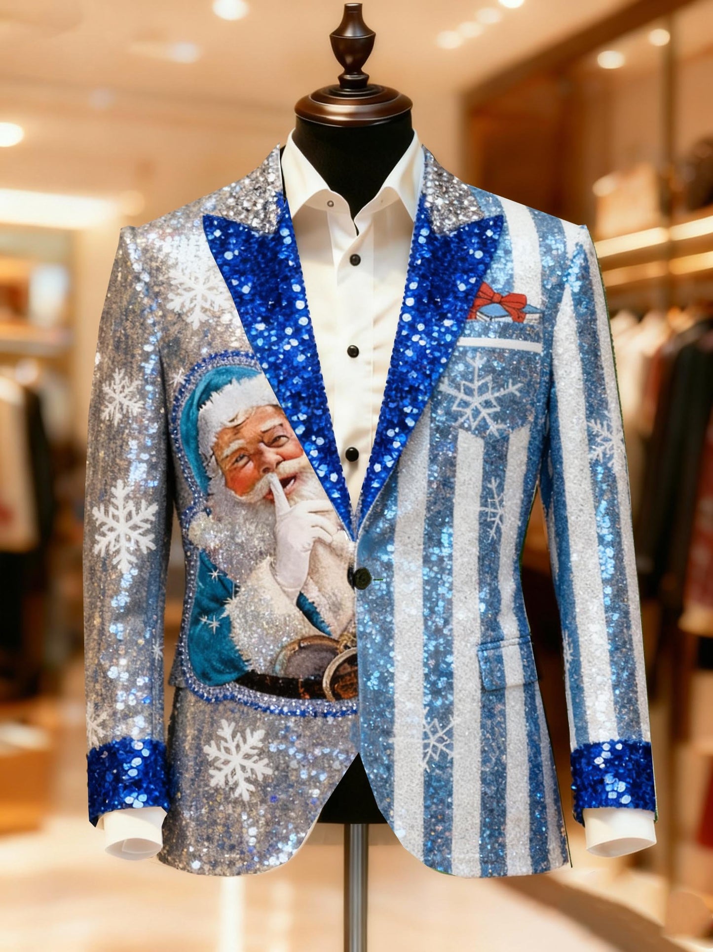 Men's Business Casual Large Pocket Blue Santa Gift Stack Blazers