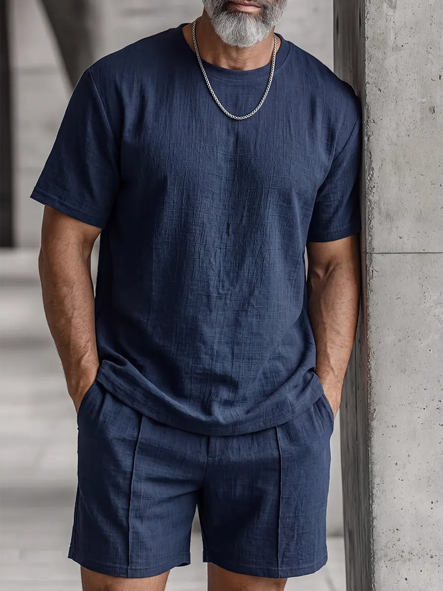 Men's Vintage Casual Linen Short Sleeve T-shirt And Shorts Two-piece Set