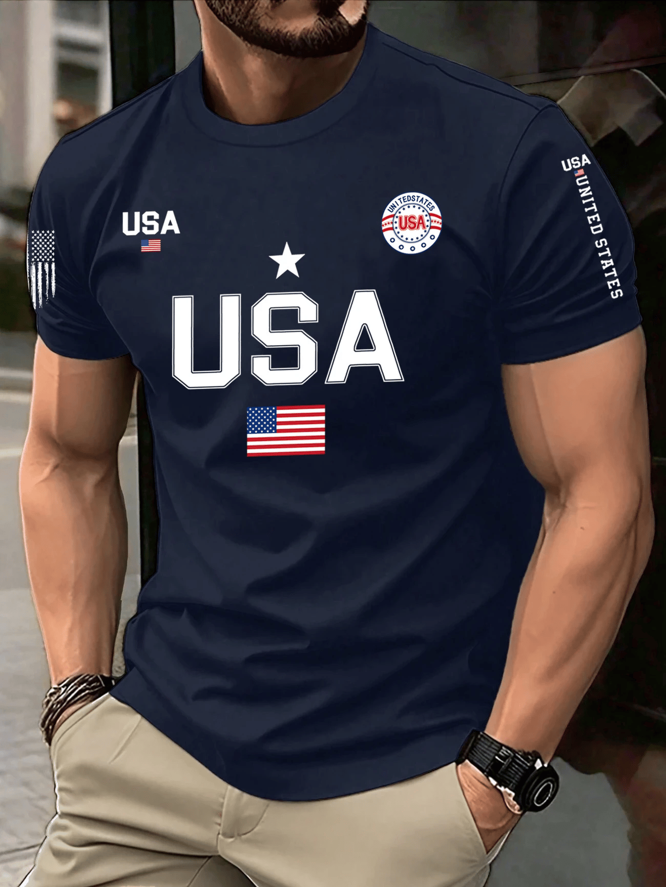 Men's Business Stripe Logo Print Short Sleeve T-Shirt
