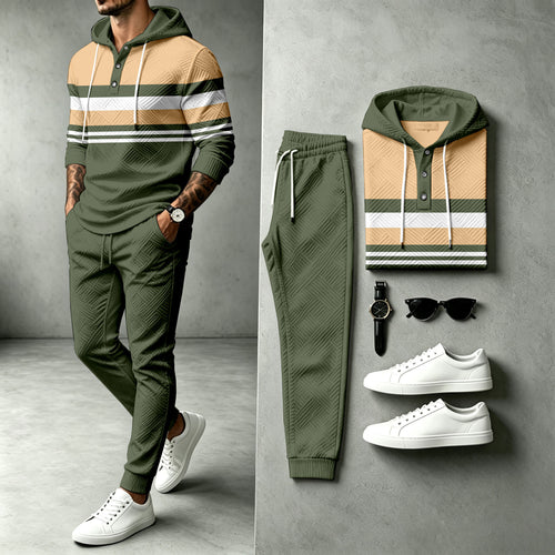 Men's Striped Patchwork Hooded Sweatshirt and Pants Set
