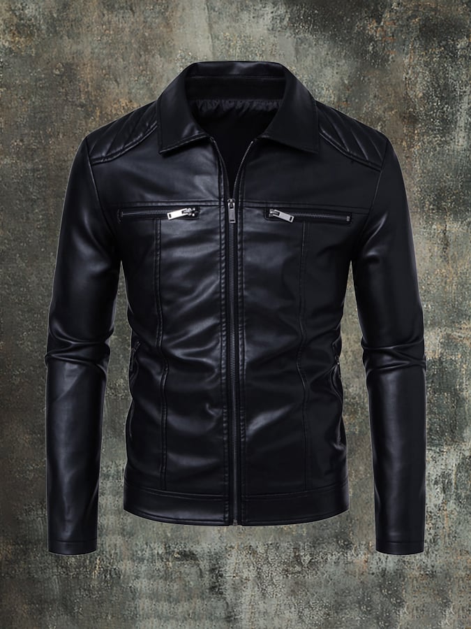 Men'S Stylish Casual Stitching Lapel Motorcycle Leather Jacket
