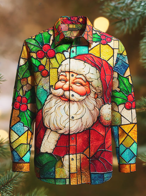 Men's Party Stained Glass Santa Claus Print Long-Sleeved Shirt