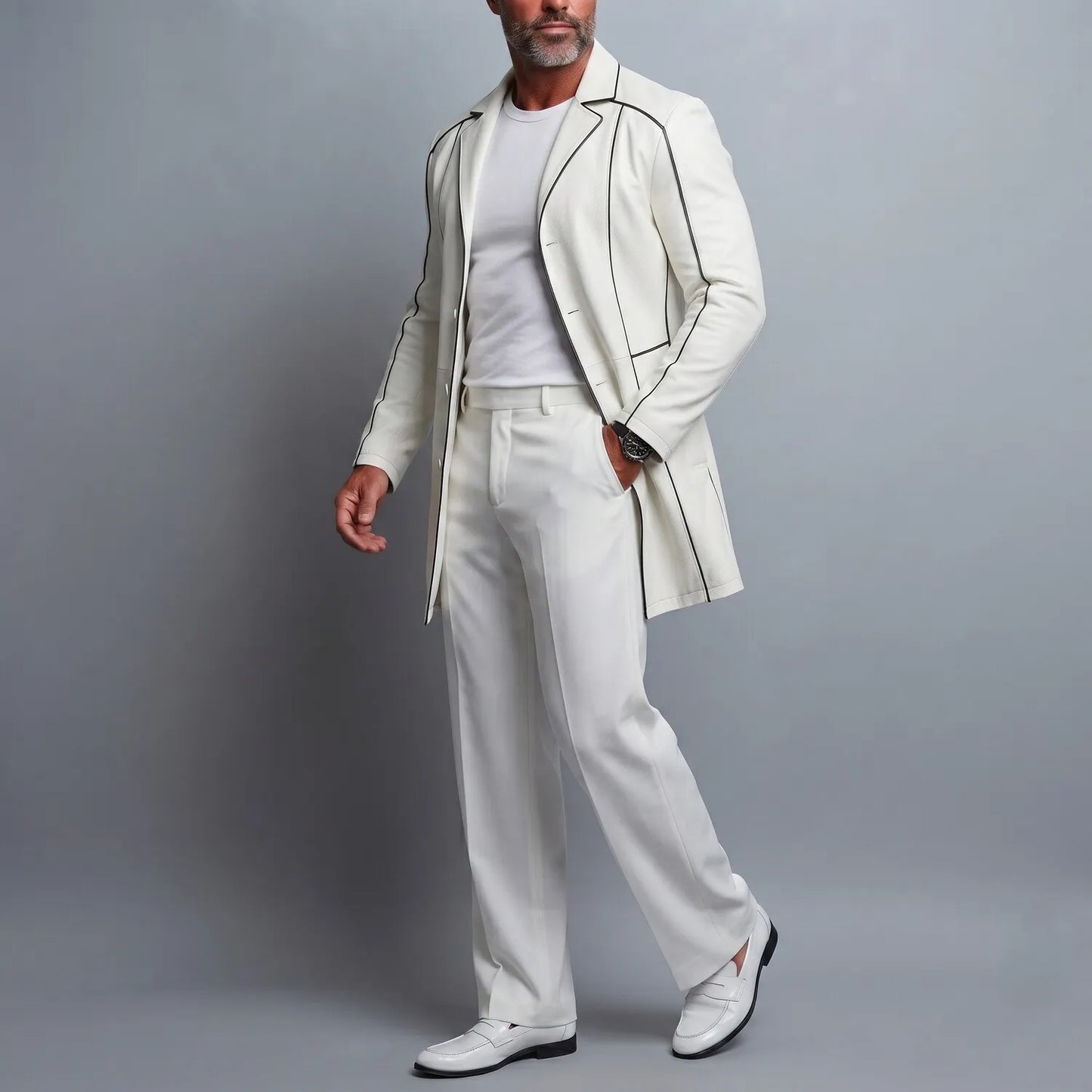 Men's White PU Leather Notched Lapel Contrast Piping Long Sleeve Mid‐Long Single Breasted Trench Coat