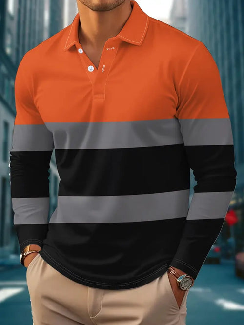 Men's Retro Business Print Long Sleeve Polo Shirt