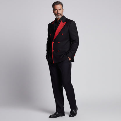 Men's Formal Black Contrast Peak Lapel Double-Breasted Welt Pocket Blazer