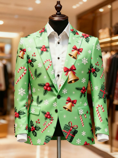 Men's Business Casual Notch Lapel Vintage Christmas Print Blazers