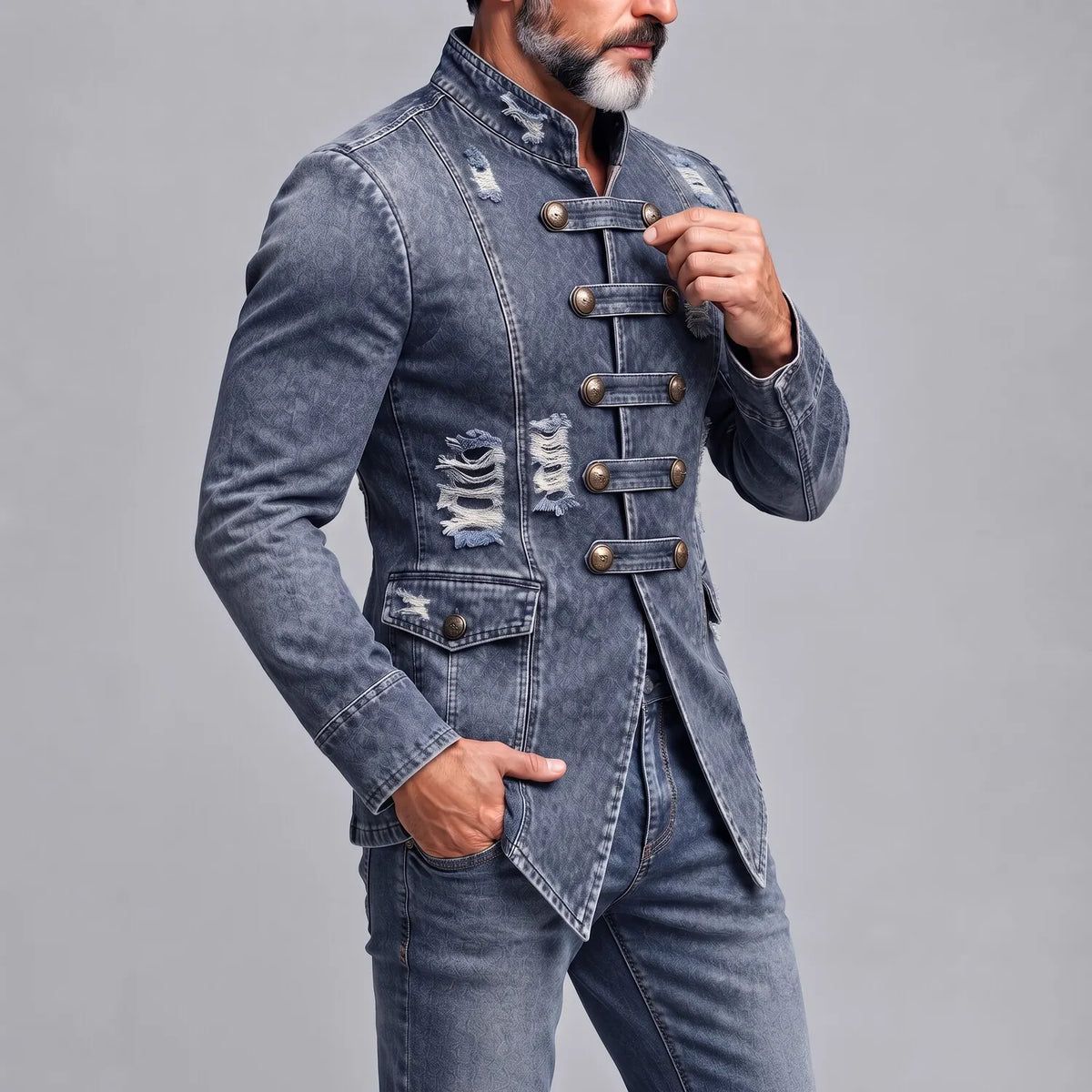 Men's Blue Vintage Distressed Washed Denim Ripped Stand Collar Single Breasted Slim Fit Jacket