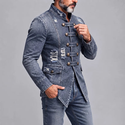 Men's Blue Vintage Distressed Washed Denim Ripped Stand Collar Single Breasted Slim Fit Jacket
