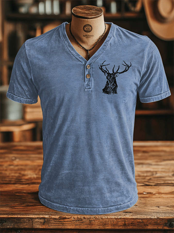 Men's Vintage Elk Print V-Neck Button Casual T-Shirt