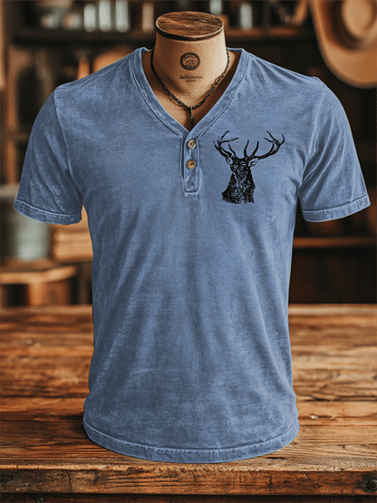 Men's Vintage Elk Print V-Neck Button Casual T-Shirt