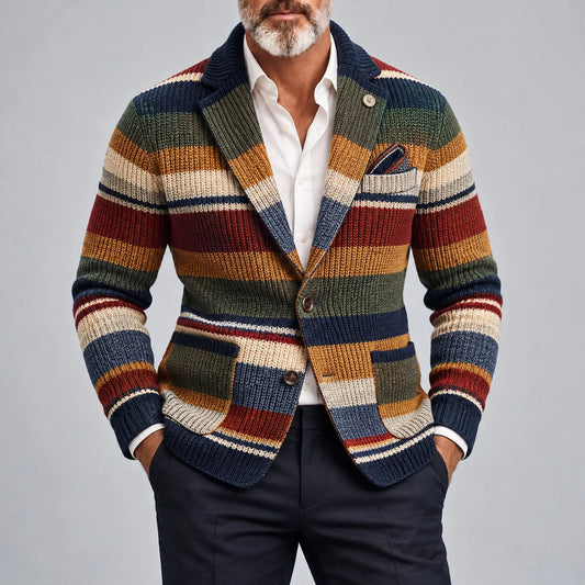 Men's Stylish Colorblock Stripe Notch Lapel Patch Pocket Single Breasted Knit Blazer