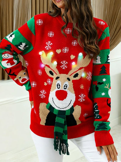 Christmas Reindeer Scarf Sweater with LED Lights Knitwear Long Sleeve
