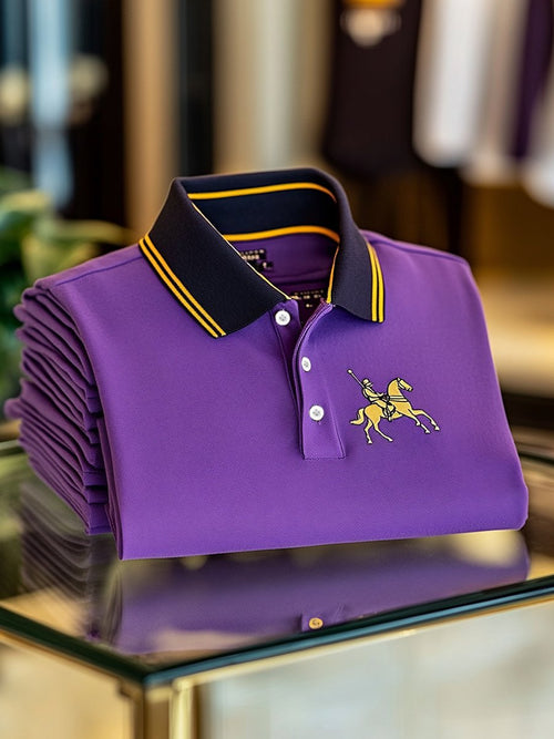 Men's Business Casual Purple Logo Button Short Sleeve Polo Shirt