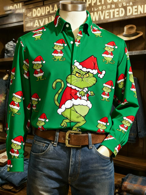 Men's Business Christmas Green Print Long-Sleeve Shirt
