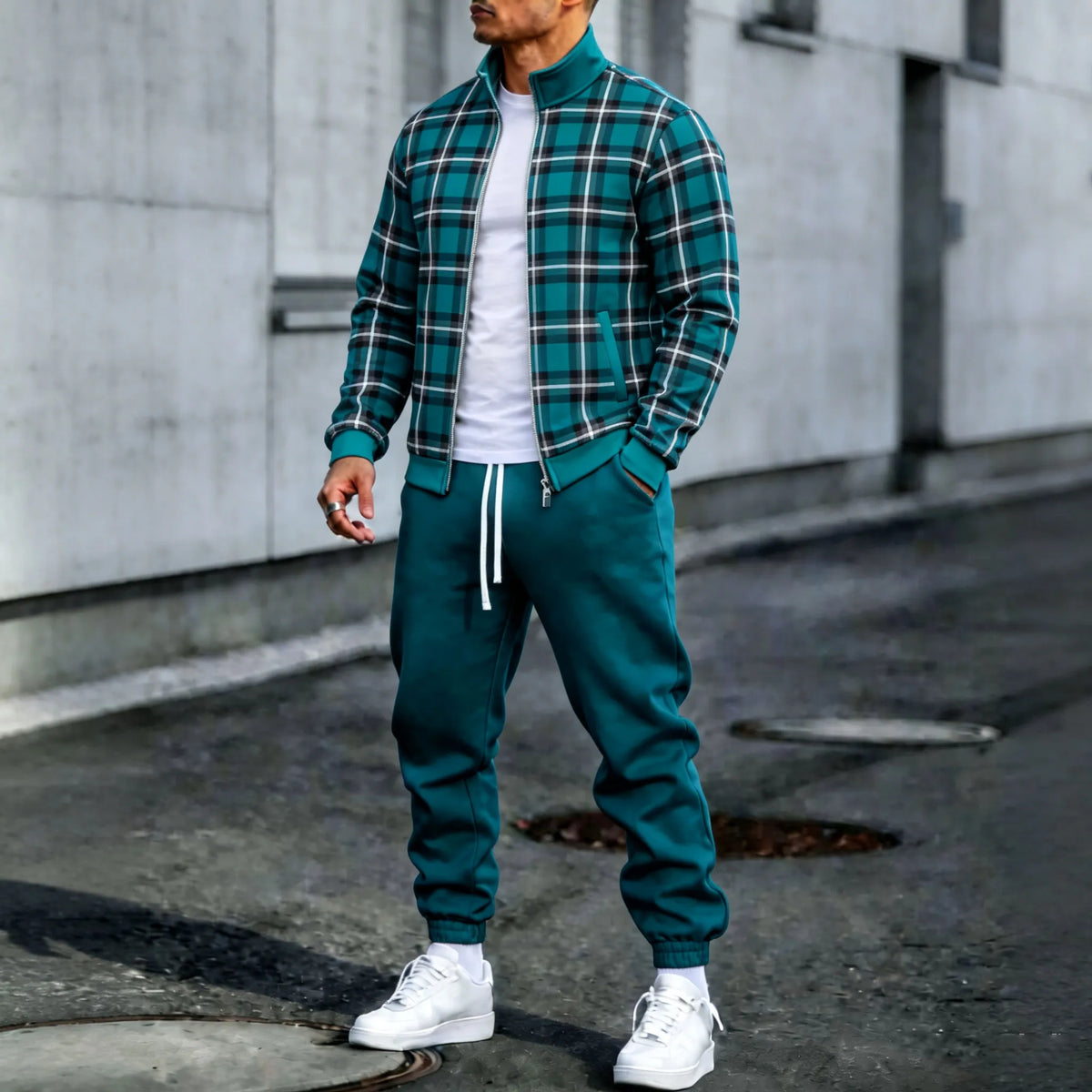 Men's Checkered Print Stand-Collar Jacket and Pants Set