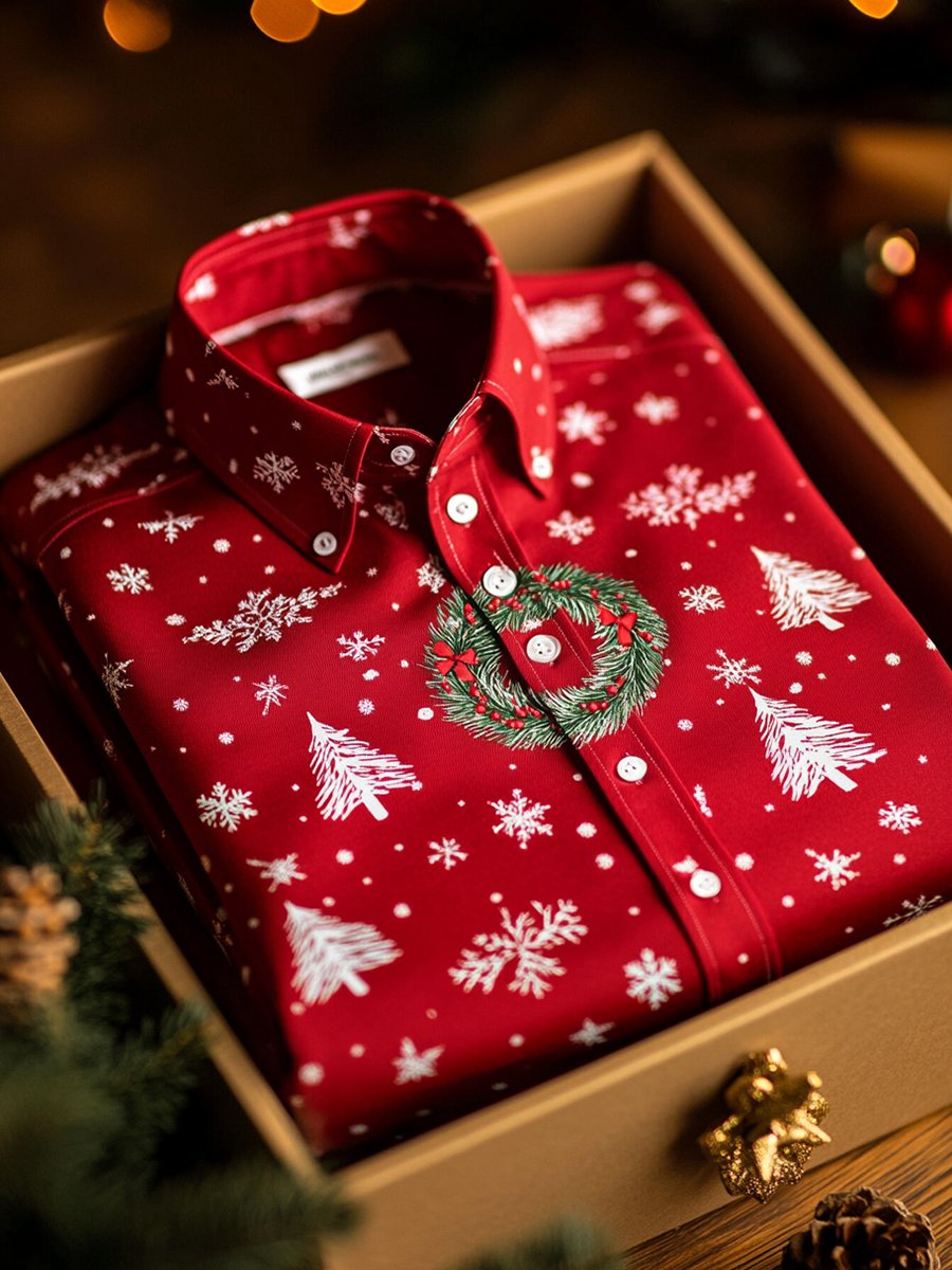 Men's Business Christmas Wreath Print Long Sleeve Shirt