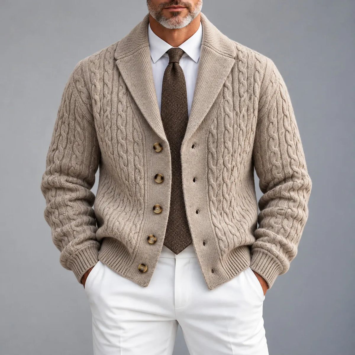 Men's Solid Color Cable Knit Shawl Lapel Single Breasted Knitted Cardigan