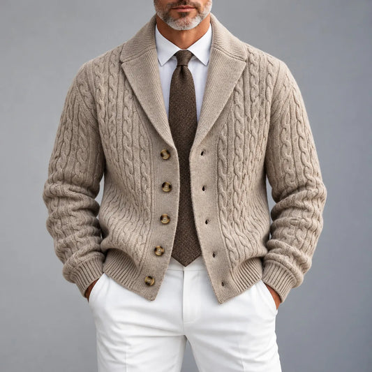 Men's Solid Color Cable Knit Shawl Lapel Single Breasted Knitted Cardigan