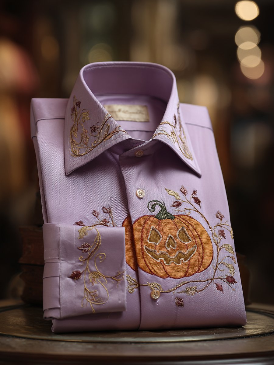 Men's Luxe Satin Halloween Pumpkin Long Sleeve Shirt